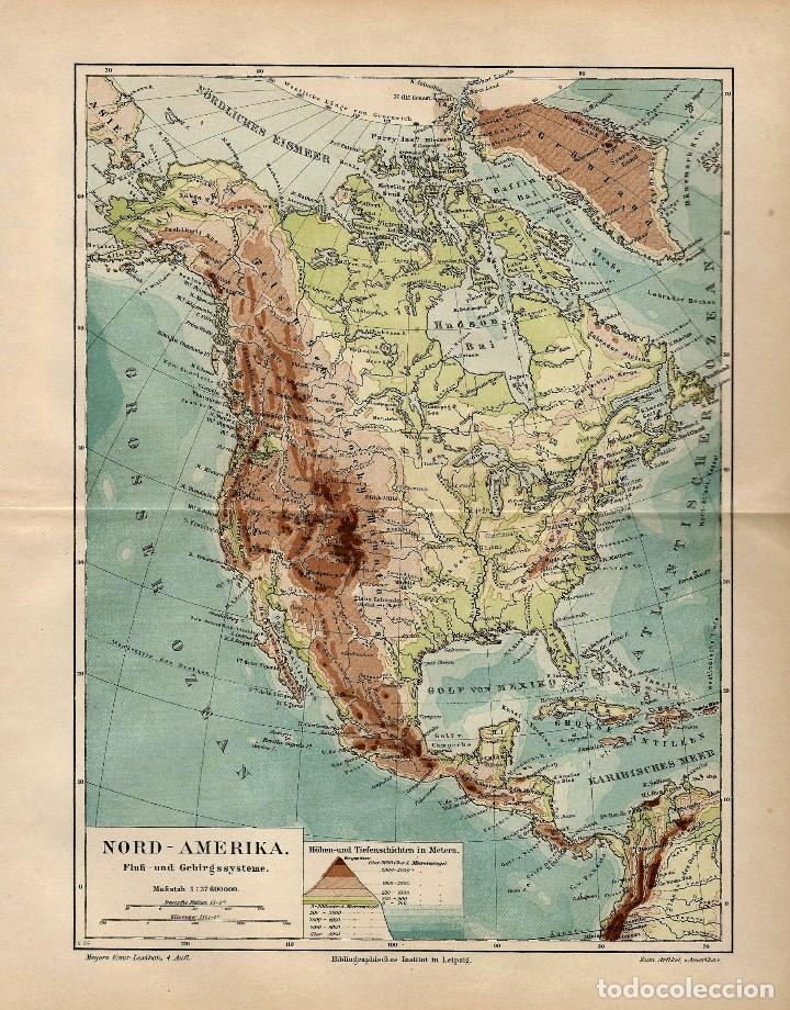 mapa fisico de groenlandia mapa físico norteamérica orografía e hidrología   Buy Antique 