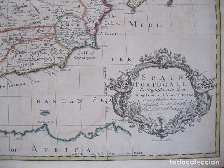 Arte: Gran mapa de España y Portugal, 1719. John Senex - Foto 2 - 129020007