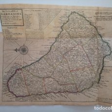 Arte: 1732 HERMAN MOLL MAP THE ISLAND OF BARBADOES DIVIDED INTO ITS PARISHES WITH THE ROADS BARBADOS MAPA