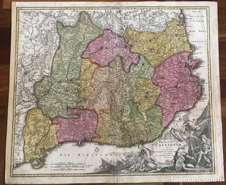 Arte: Gran mapa a color de Cataluña (España), 1720. Johann Baptist Homann - Foto 2 - 222630946