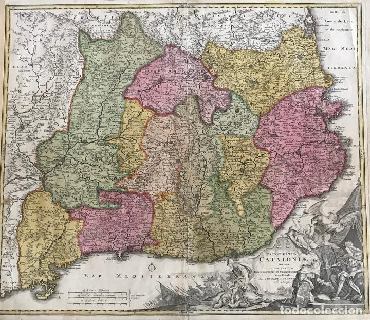 Arte: Gran mapa a color de Cataluña (España), 1720. Johann Baptist Homann - Foto 1 - 222630946
