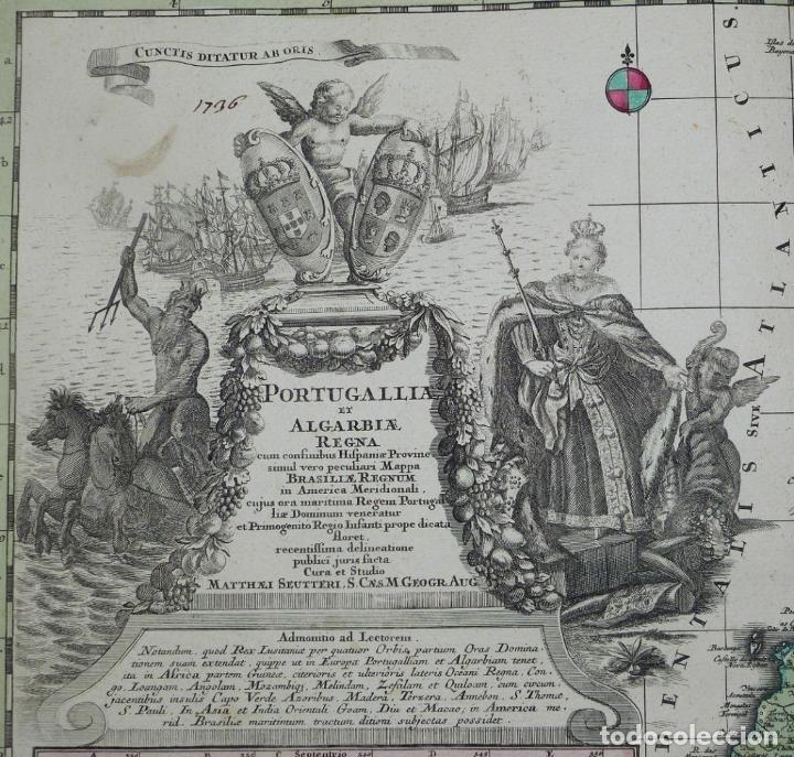 Arte: Gran mapa a color de Portugal y Brasil, 1739. Matthaus Seutter - Foto 2 - 223739163