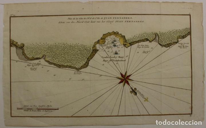 Arte: Plano a color de la costa oriental de la Isla de Juan Fernández (Chile), 1750, Anson - Foto 1 - 304646668