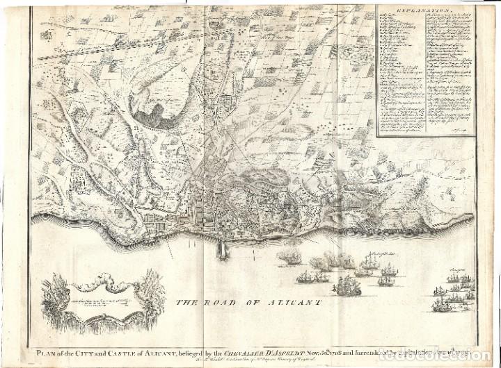 1751 CA. MAPA ASEDIO A ALICANTE ARMADA BRITÁNICA EN LA GUERRA DE SUCESIÓN. (RAPIN - TINDAL - BASIRE) (Arte - Cartografía Antigua (hasta S. XIX))