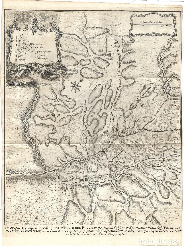1751 CA. MAPA ASEDIO PRATS DEL REY, BARCELONA GUERRA DE SUCESIÓN. (RAPIN - TINDAL - BASIRE (Arte - Cartografía Antigua (hasta S. XIX))