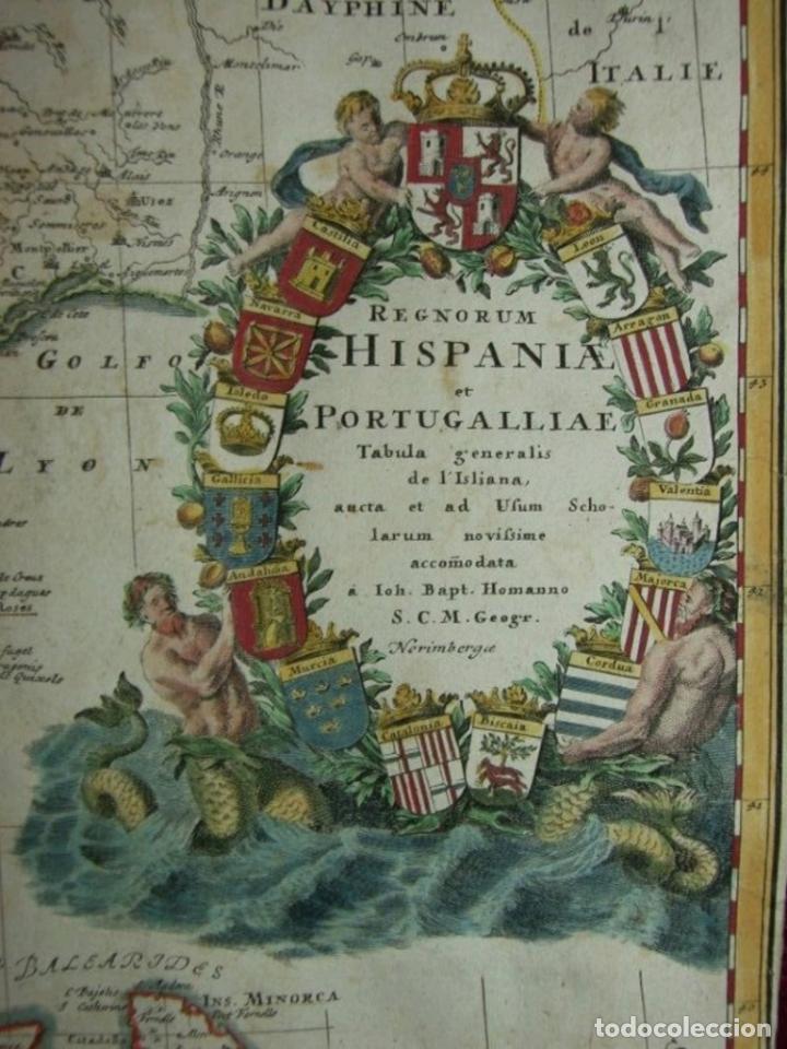 Arte: Gran mapa a color de España y Portugal, 1728. J. B. Homann - Foto 6 - 281825143
