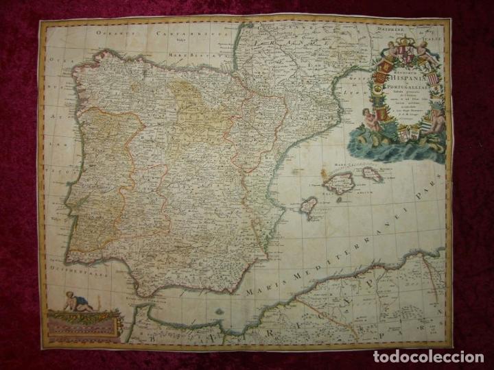 Arte: Gran mapa a color de España y Portugal, 1728. J. B. Homann - Foto 1 - 281825143