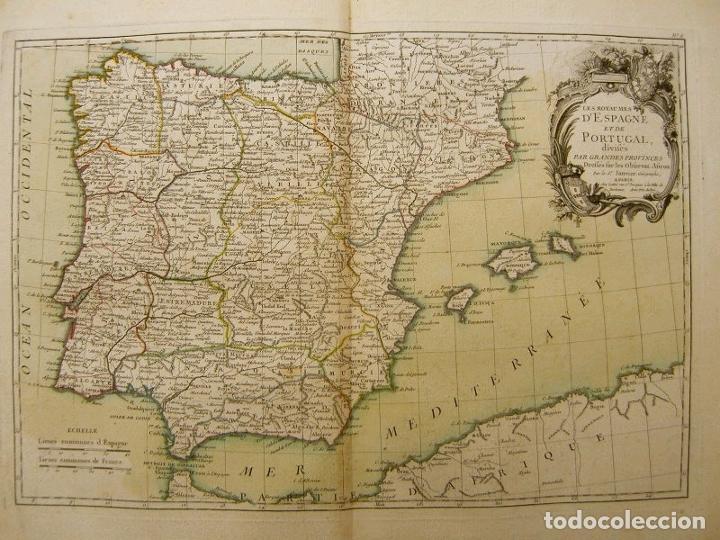 Arte: Gran mapa a color de España y Portugal, 1762. Jean Janvier / Lattré & Herrisant - Foto 2 - 282548803