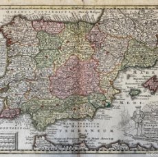 Arte: MAPA A COLOR DE ESPAÑA Y PORTUGAL, 1744. SEUTTER / LOTTER