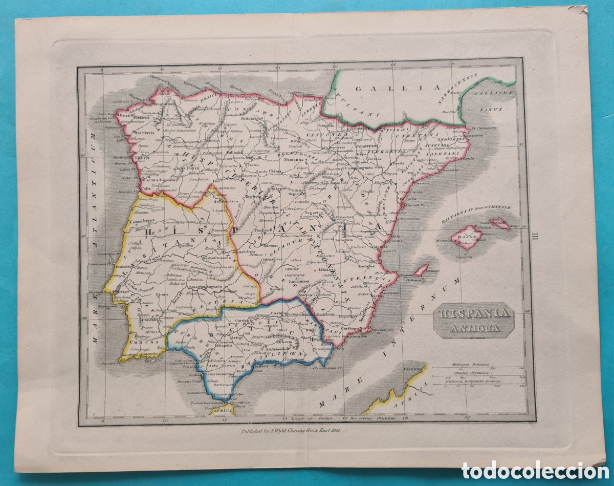 Art: GRABADO MAPA DE 1851 - ESPA&Ntilde;A ANTIGUA - PUBLICADO POR J. WYLD CHARING GROSS EAST CON 3 ESCALAS VER