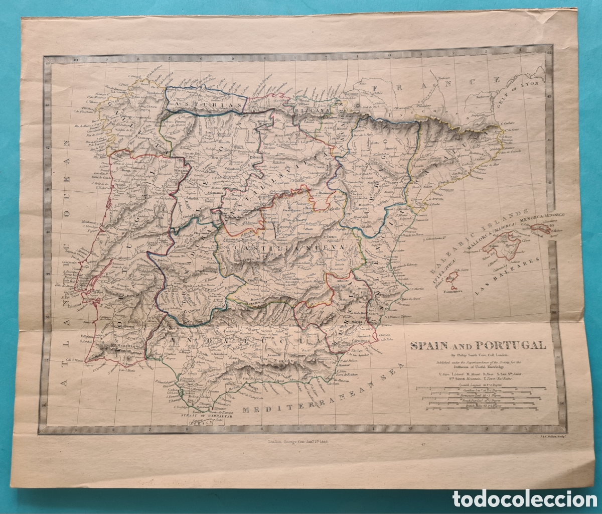 Arte: MAPA ANTIGUO - ESPA&Ntilde;A Y PORTUGAL - GEORGE COX - LONDRES 1853