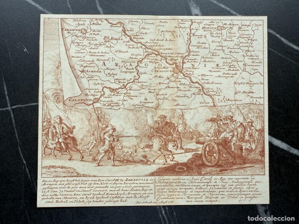 Arte: Plano y Vista hist&oacute;rica de la batalla de Zaragoza (Espa&ntilde;a), hacia 1715. Peter Schenk