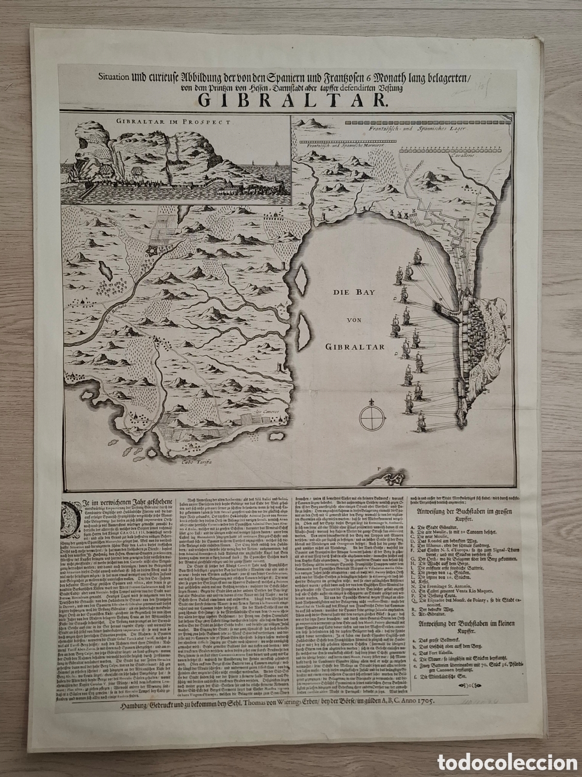 Arte: Gibraltar, grabado alem&aacute;n realizado en Hamburgo por Thomas von Wierings en 1705 asedio