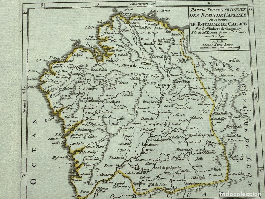 Arte: Mapa a color de Galicia (Espa&ntilde;a), hacia 1750. Robert de Vaugondy