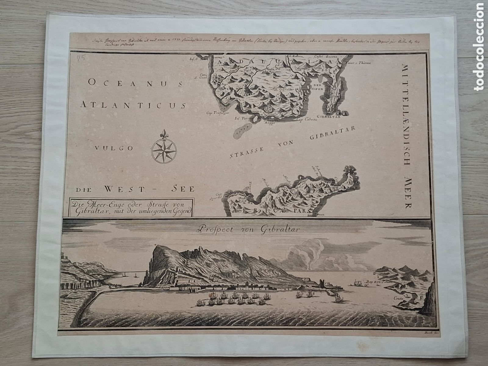 Arte: Gibraltar, asedio de 1727, grabado alem&aacute;n realizado por Busch. Plano del estrecho y vista