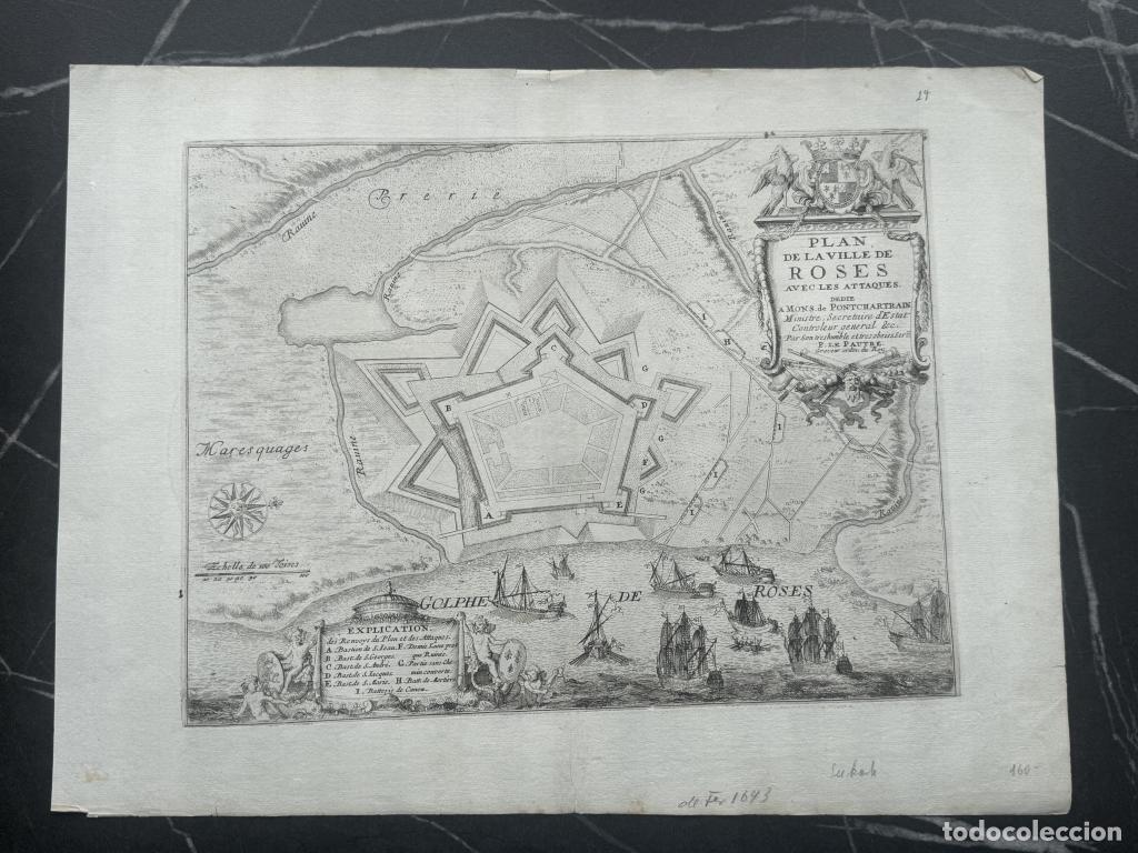 Arte: Mapa y vista de la ciudad y puerto de Rosas (Gerona, Espa&ntilde;a), 1693. Nicol&aacute;s de Fer/ P. de Pautre