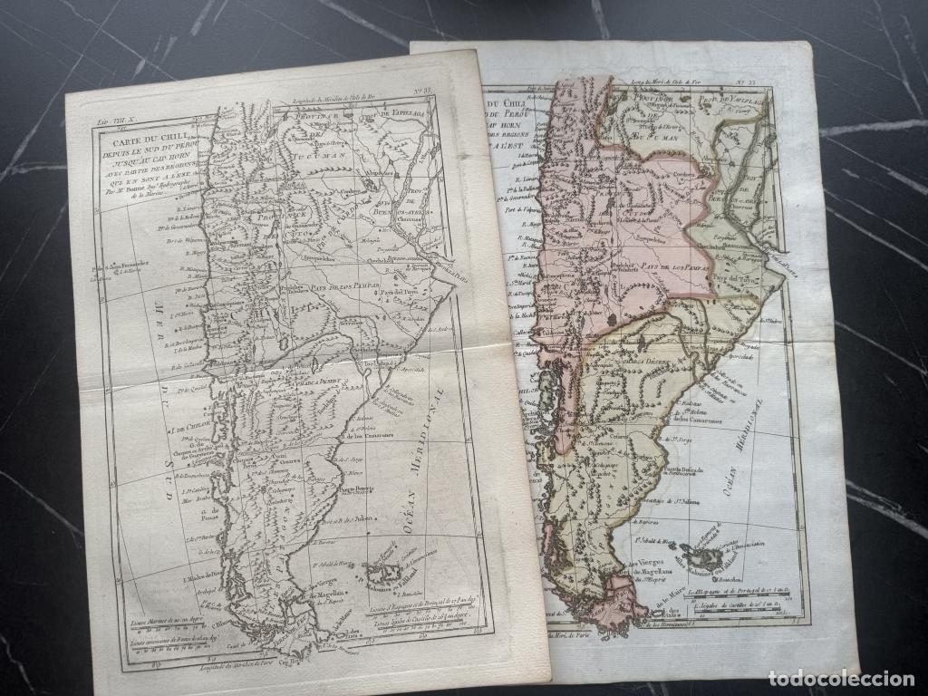Arte: Mapas de Argentina y Chile (Am&eacute;rica del sur), ca. 1770 y 1775. R. Bonne