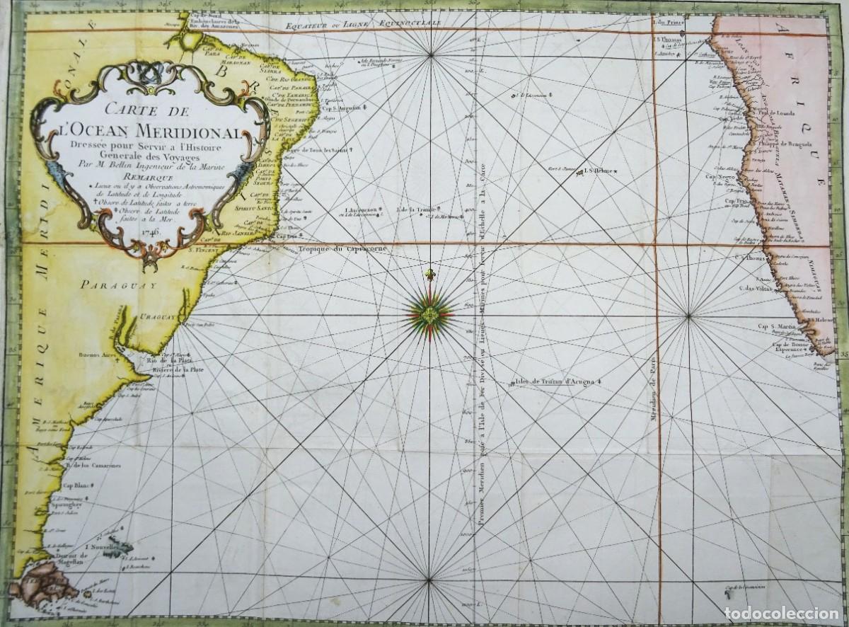 Arte: Atl&aacute;ntico, Suram&eacute;rica, &Aacute;frica, mapa Bellin, 1746, Carte de l&acute;Ocean Meridionale....