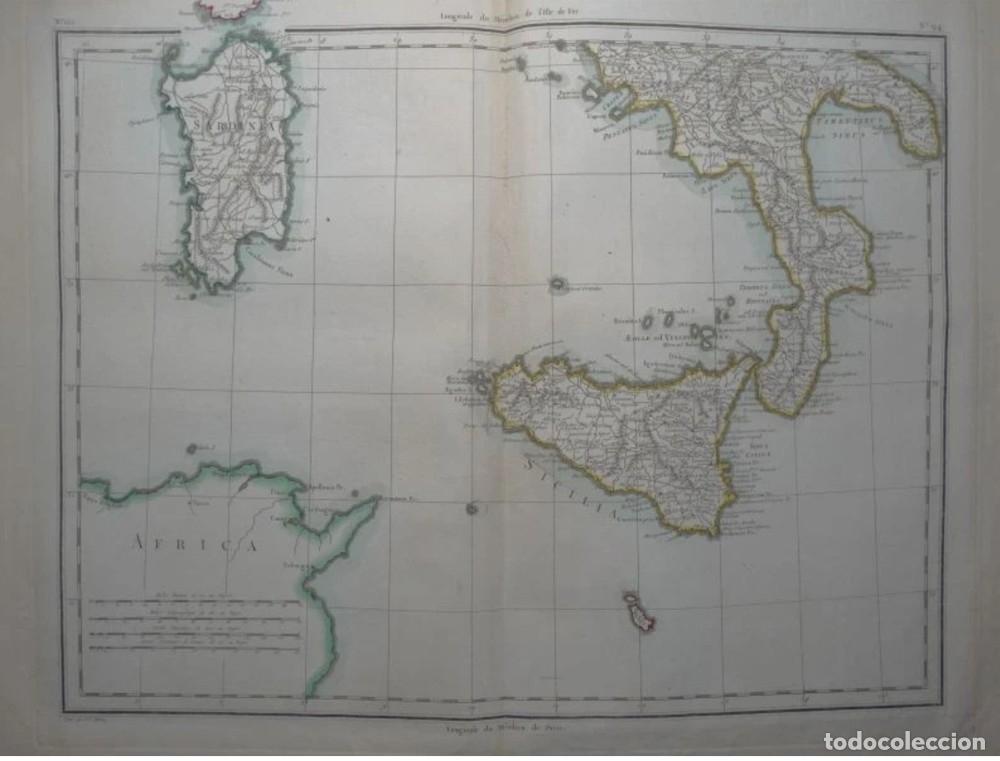 Arte: Gran mapa a color de las islas de Cerde&ntilde;a , Sicilia y sur de Italia, 1802. Tardieu /Langlois