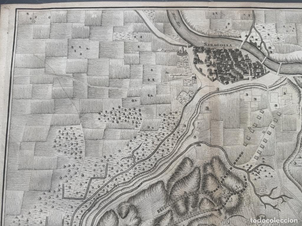 Arte: Gran plano de la batalla de Zaragoza (Espa&ntilde;a), 1745. Basire/Rapin/Tindal