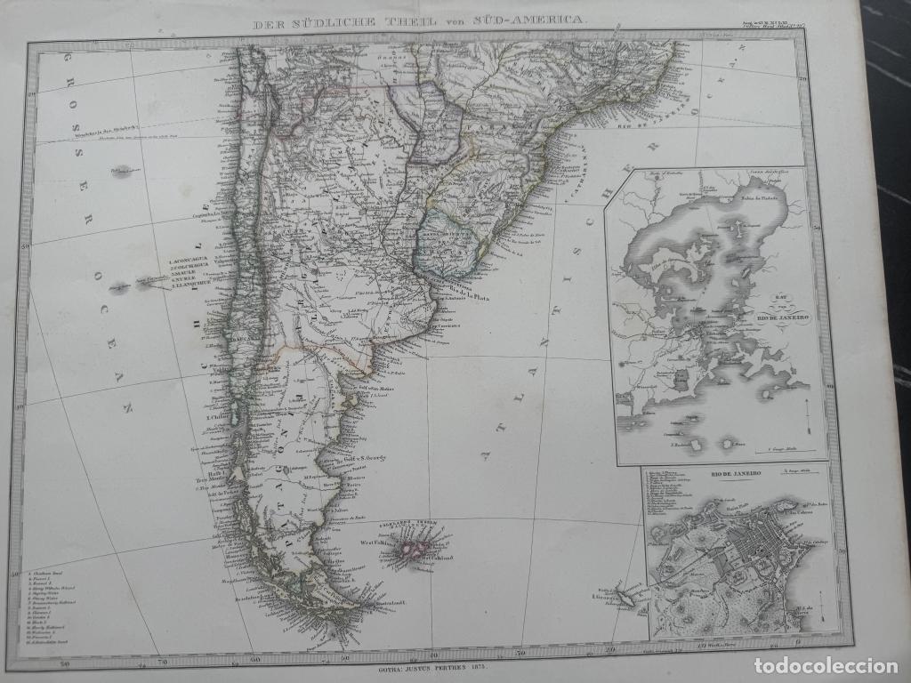 Arte: Mapa del sur de Sudam&eacute;rica, 1875. Stieler /Perthes
