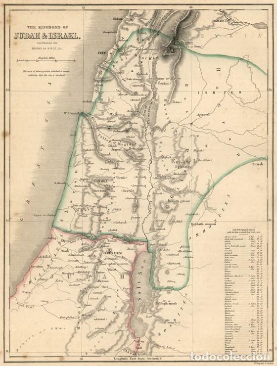 Arte: MAPA COLOREADO A MANO DE 1862, DE LOS REINOS DE JUD&Aacute; E ISRAEL, GRABADO AL ACERO. GRAV&Oacute; W. HUGHES