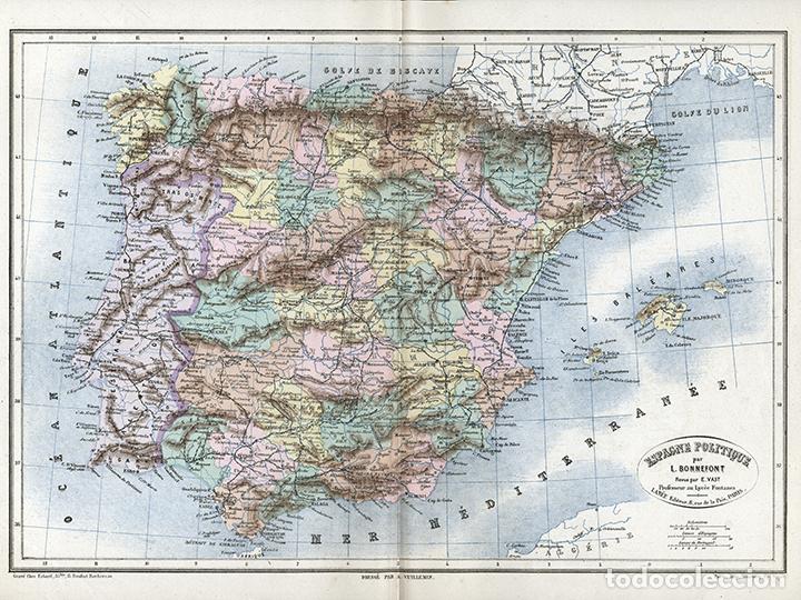 Arte: MAPA DE ESPA&Ntilde;A Y PORTUGAL EN 1884, VUILLEMIN & BONNEFONT, LITOGRAF&Iacute;A, PEN&Iacute;NSULA IB&Eacute;RICA, CARTOGRAF&Iacute;A