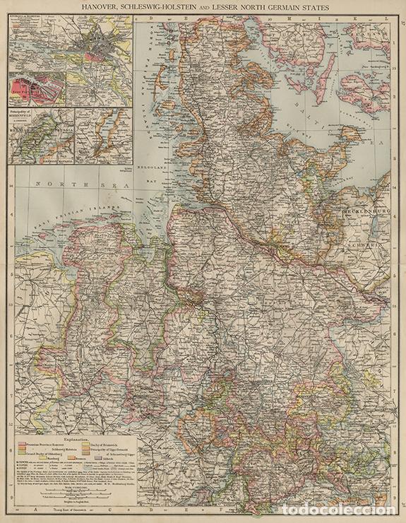 Arte: MAPA HANNOVER, SCHLESWIG-HOLSTEIN Y NORTE ALEM&Aacute;N, DE 1895. LITOGRAF&Iacute;A DE LA 1&ordf; ED. DEL TIMES ATLAS
