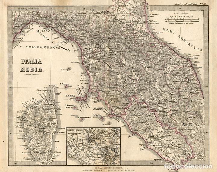 Arte: MAPA DE ITALIA CENTRAL EN 1865, JUSTUS PERTHES, GRABADO DE COBRE. CARTA GEOGR&Aacute;FICA, UNI&Oacute;N ITALIANA
