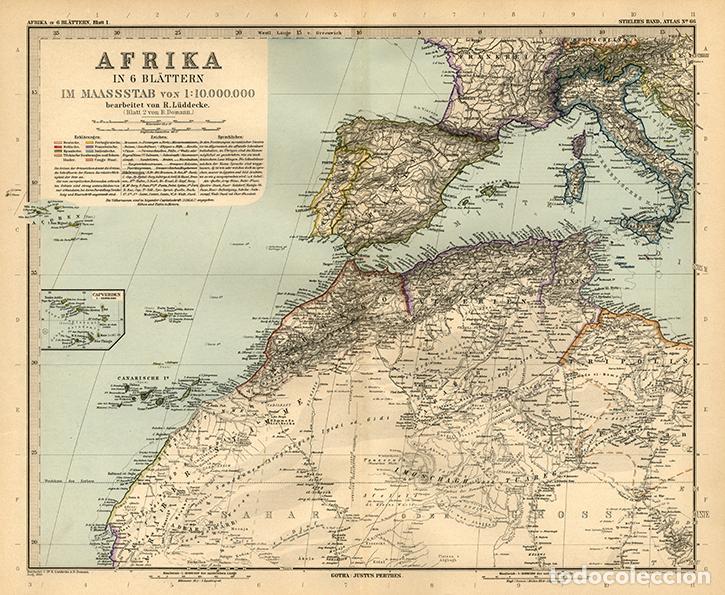 Arte: MAPA (GRABADO COBRE DE 1889) DE &Aacute;FRICA NOROESTE, MAGREB, SAHARA, CANARIAS, MEDITERR&Aacute;NEO. STIELER&rsquo;S