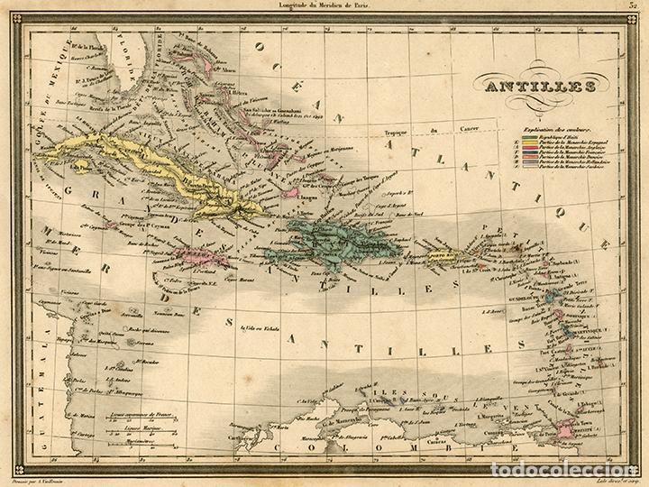 Arte: MAPA DE LAS ANTILLAS (MAR CARIBE), DE 1850, POR VUILLEMIN. GRABADO AL ACERO, COLOREADO A MANO