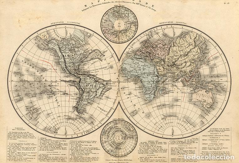 Arte: MAPAMUNDI DE 1865, LITOGRAF&Iacute;A DE DRIOUX & LEROY. CARTOGRAF&Iacute;A, CARTA GEOGR&Aacute;FICA
