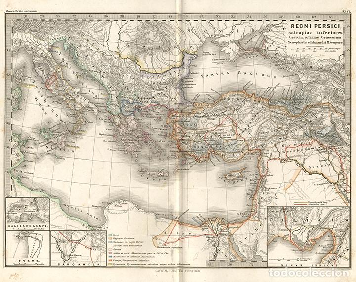 Arte: MAPA DE PERSIA EN TIEMPOS DE JENOFONTE Y ALEJANDRO, GRABADO COBRE DE 1866, T. MENKE, COLOREADO MANO