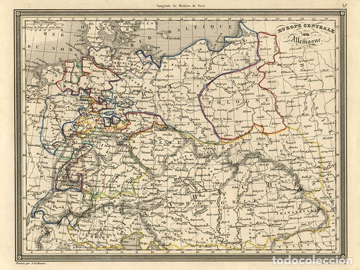 Arte: MAPA DE EUROPA CENTRAL, DE 1845, POR VUILLEMIN. GRABADO AL ACERO, COLOREADO A MANO. PRUSIA, AUSTRIA