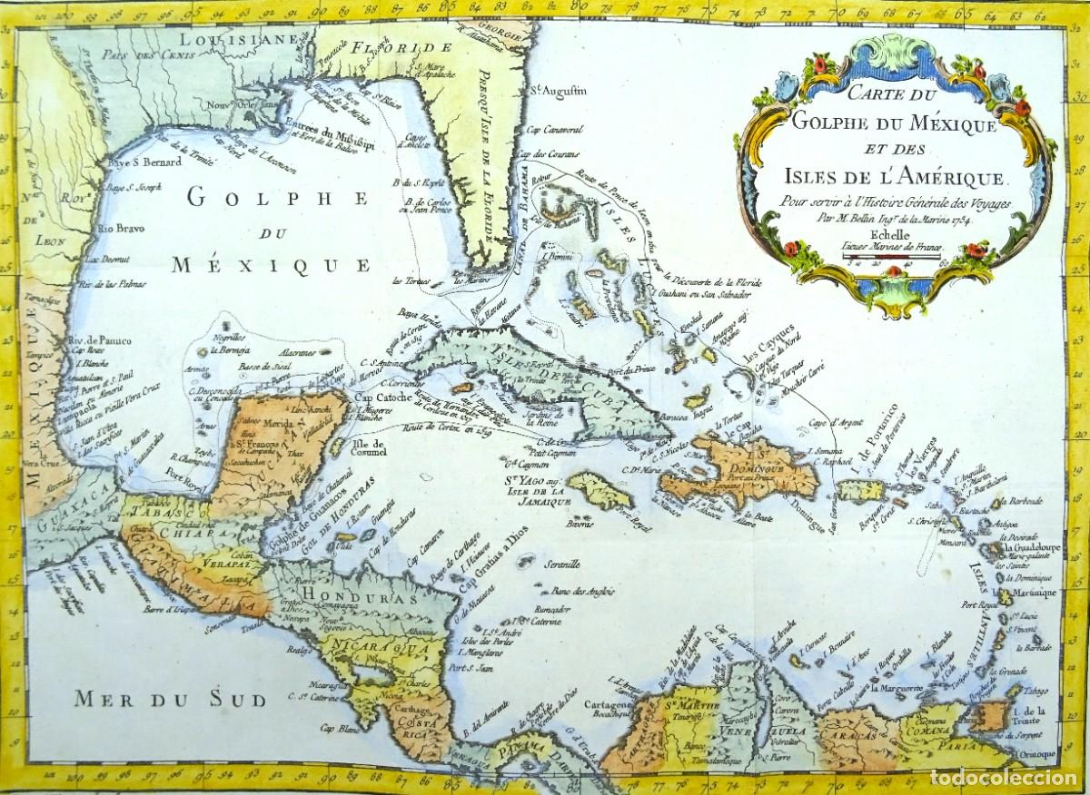 Arte: Mar Caribe, Golfo de M&eacute;xico, Am&eacute;rica Central, EE.UU. etc Bellin, 1754, Carte du Golphe du Mexique et