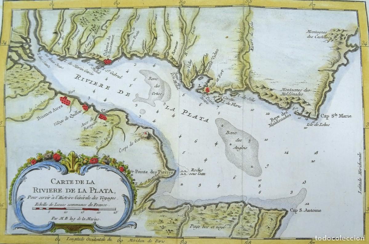 Arte: Argentina, Uruguay, Buenos Aires, Montevideo, Rio de la Plata J.N. Bellin, 1757, Carte de la Riviere