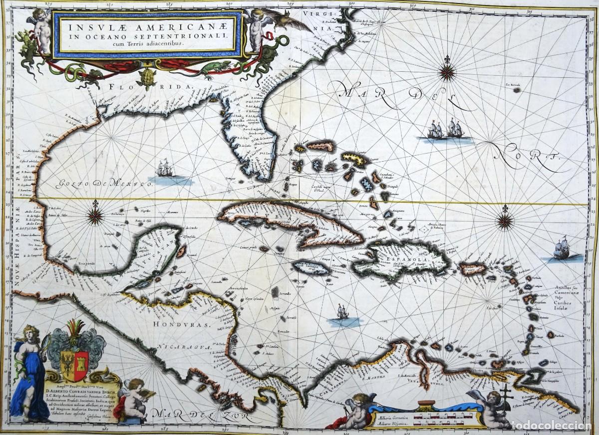 Arte: EEUU, Mar Caribe, America Central, W. Blaeu, 1635, Insulae Americanae in Oceano Septentrionali cum T