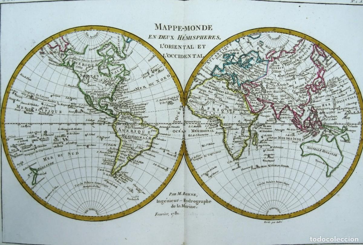 Arte: Mapamundi, EEUU con Mar del Oeste, Bonne, 1781, Mappe-Monde en deux Hemispheres l&acute;Oriental et l&acute;Occi
