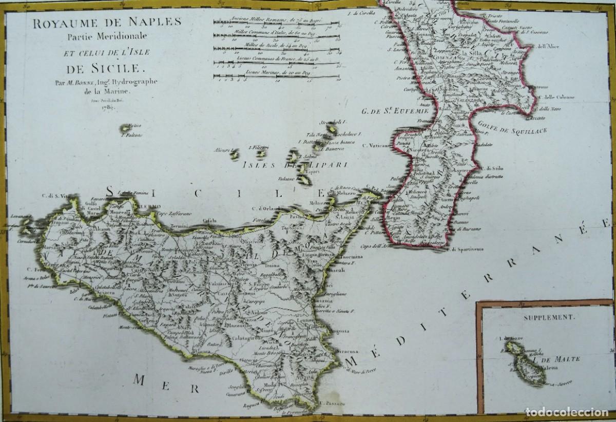 Arte: Italia, Malta, Sicilia, Calabria, Bonne, 1789, Royaume de Naples partie Meridionale et...Sicile