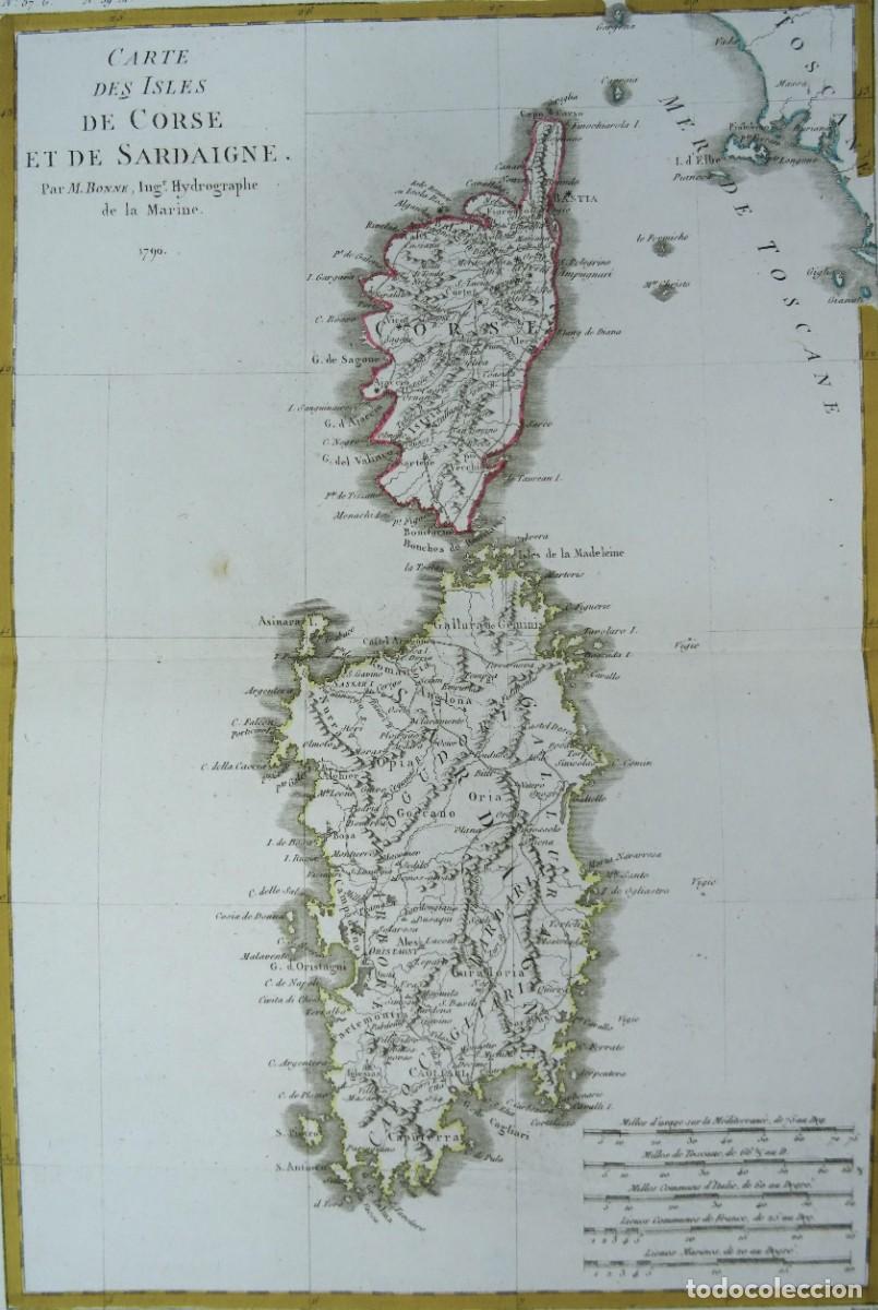 Arte: Italia, Francia, Cerde&ntilde;a, C&oacute;rcega, Bonne, 1790, Carte des Isles de Corse et de Sardaigne
