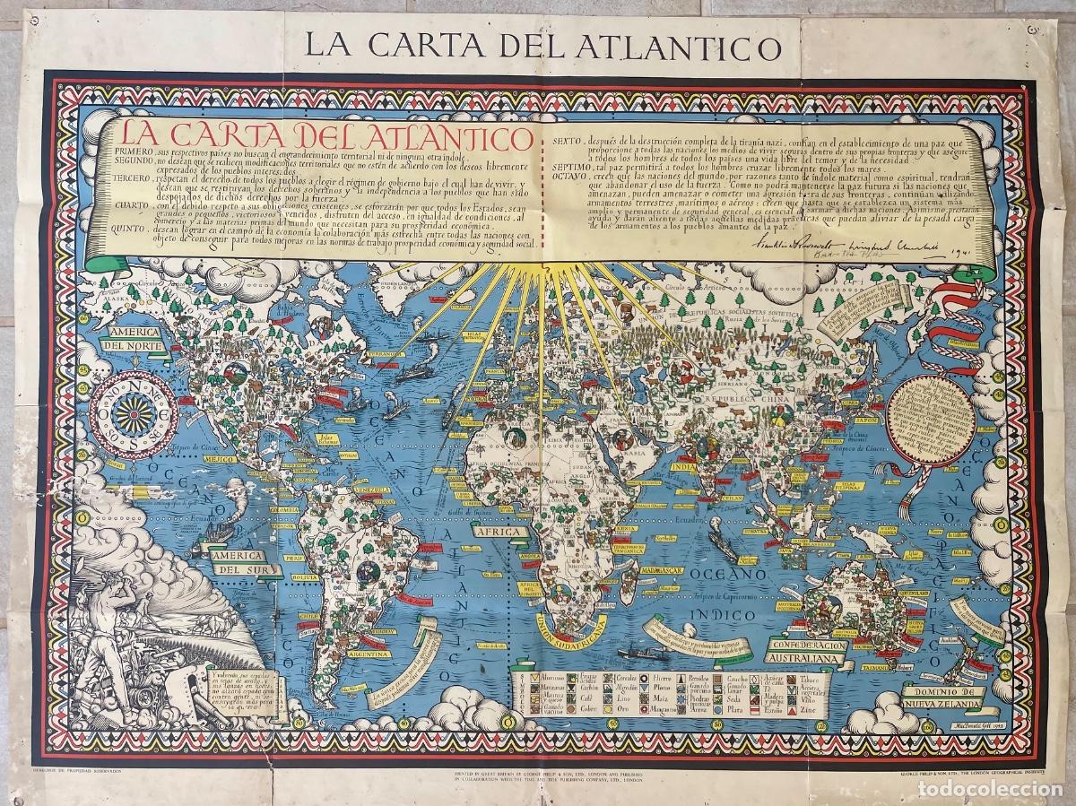 Arte: La Carta del Atl&aacute;ntico (1943) &ndash; MacDonald Gill &ndash; Edici&oacute;n Espa&ntilde;ola Original &ndash; Mapa Mundial Raro WWII