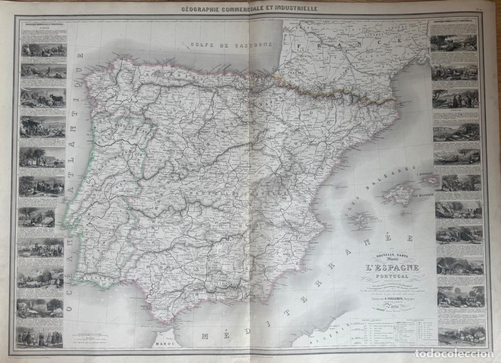 Arte: Gran mapa ilustrado y a color de Espa&ntilde;a y Portugal, 1860. Vuillemin/Langevin/Fatout