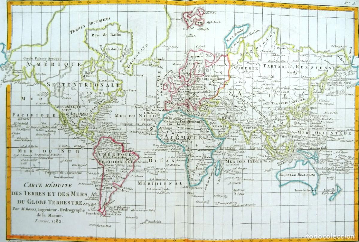 Arte: Mapamundi, EEUU con Mar del Oeste, Bonne, 1782, Carte R&eacute;duite des Terres et des Mers du Globe Terres