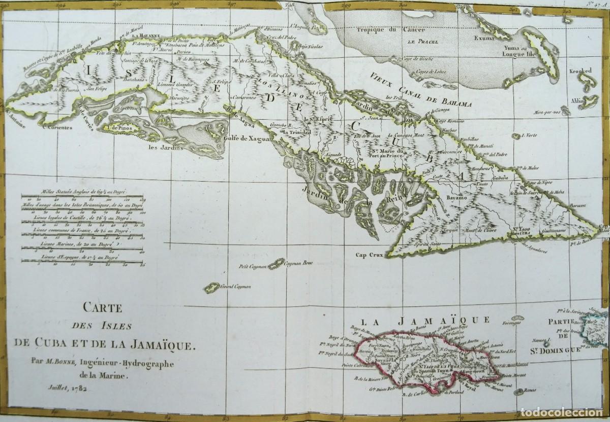 Arte: Cuba, Jamaica, mapa por Bonne, 1782, Carte des Isles de Cuba et de la Jama&iuml;que