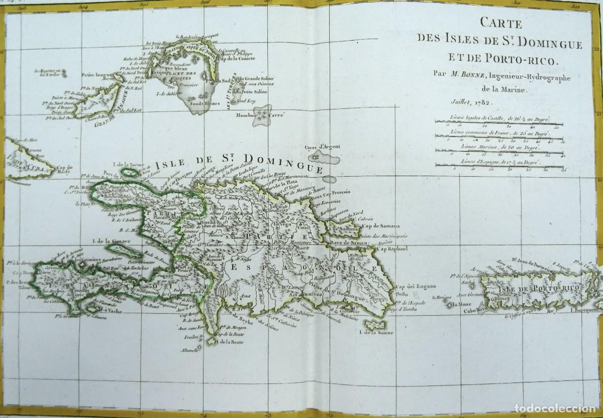 Arte: Puerto Rico, Rep. Dominicana, Haiti, Bonne, 1782, Carte des Isles de St. Domingue et de Porto-Rico