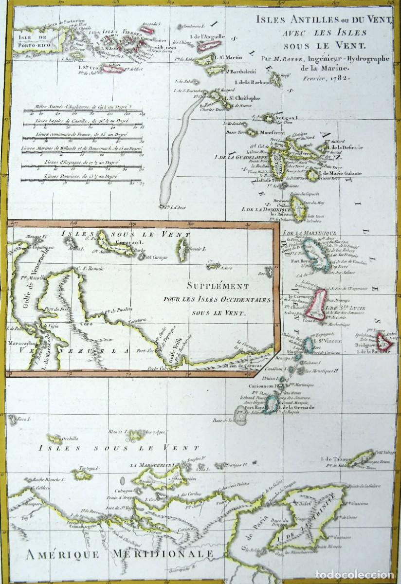 Art: Islas Antillas, Mar Caribe, Puerto Rico, Martinica, Curazao... Bonne, 1782, Isles Antilles ou du Ven