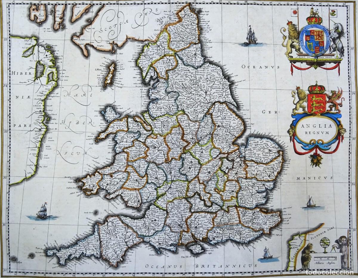 Arte: Inglaterra, Gales, mapa por W. Blaeu, 1635, Anglia Regnum