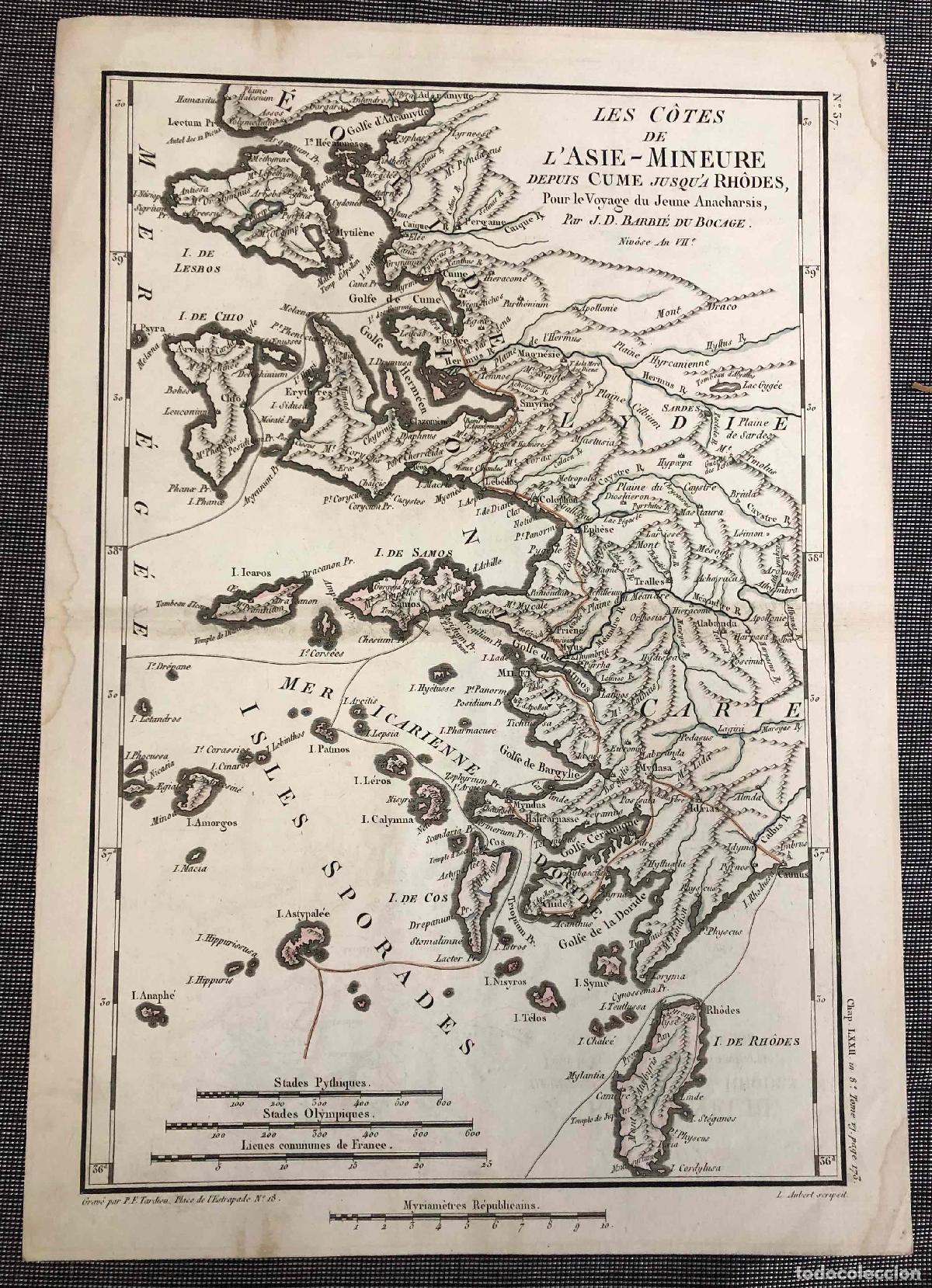 Arte: MAPA LES C&Ocirc;TES DE L'ASIE-MINEURE POUR LE VOYAGE DU JEUNE ANACHARSIS PAR J.D. BARBIE DU BOCAGE C.1785
