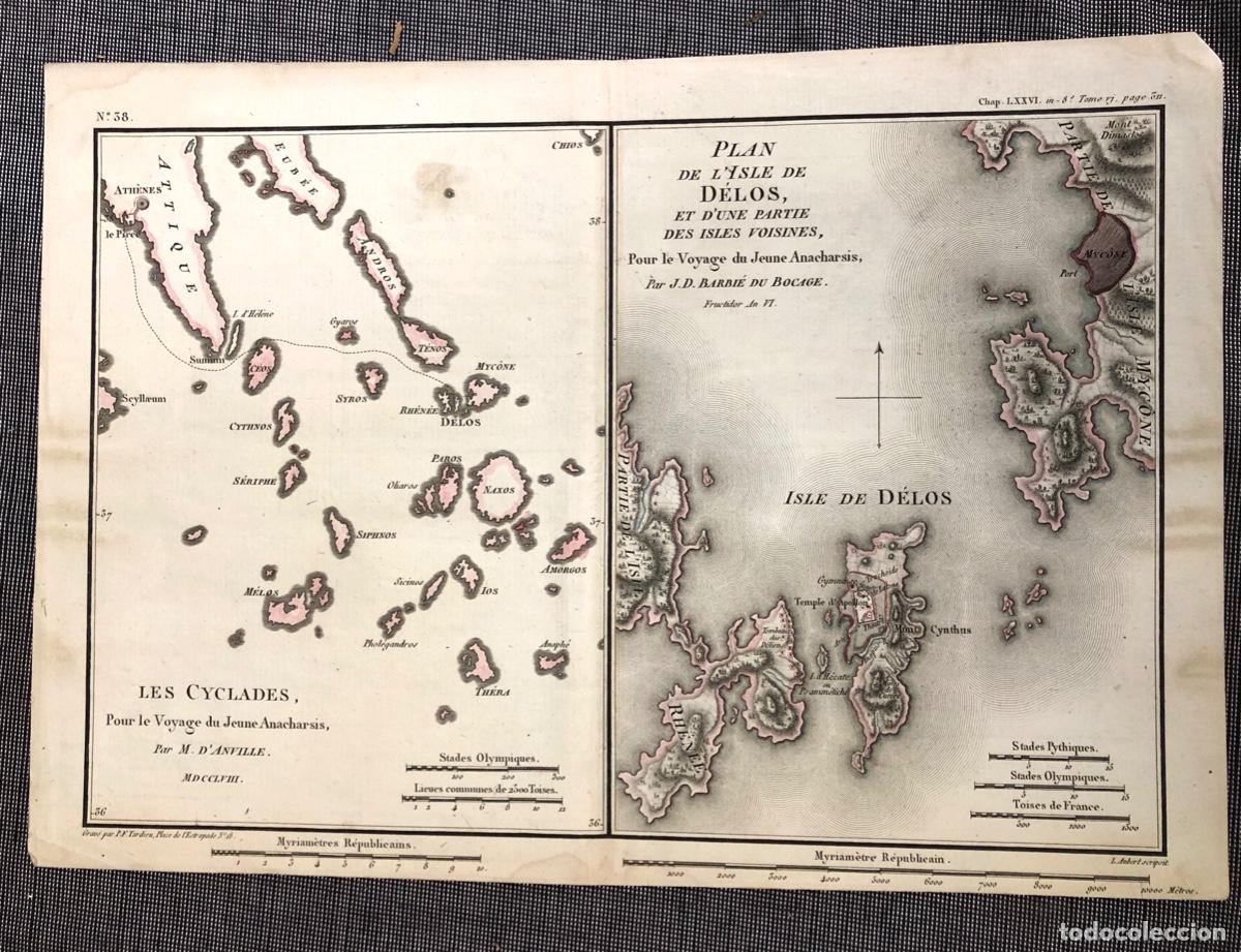 Arte: MAPA PLAN DE L'ISLE DE D&Eacute;LOS POUR LE VOYAGE DU JEUNE ANACHARSIS PAR J.D. BARBIE DU BOCAGE, C.1785