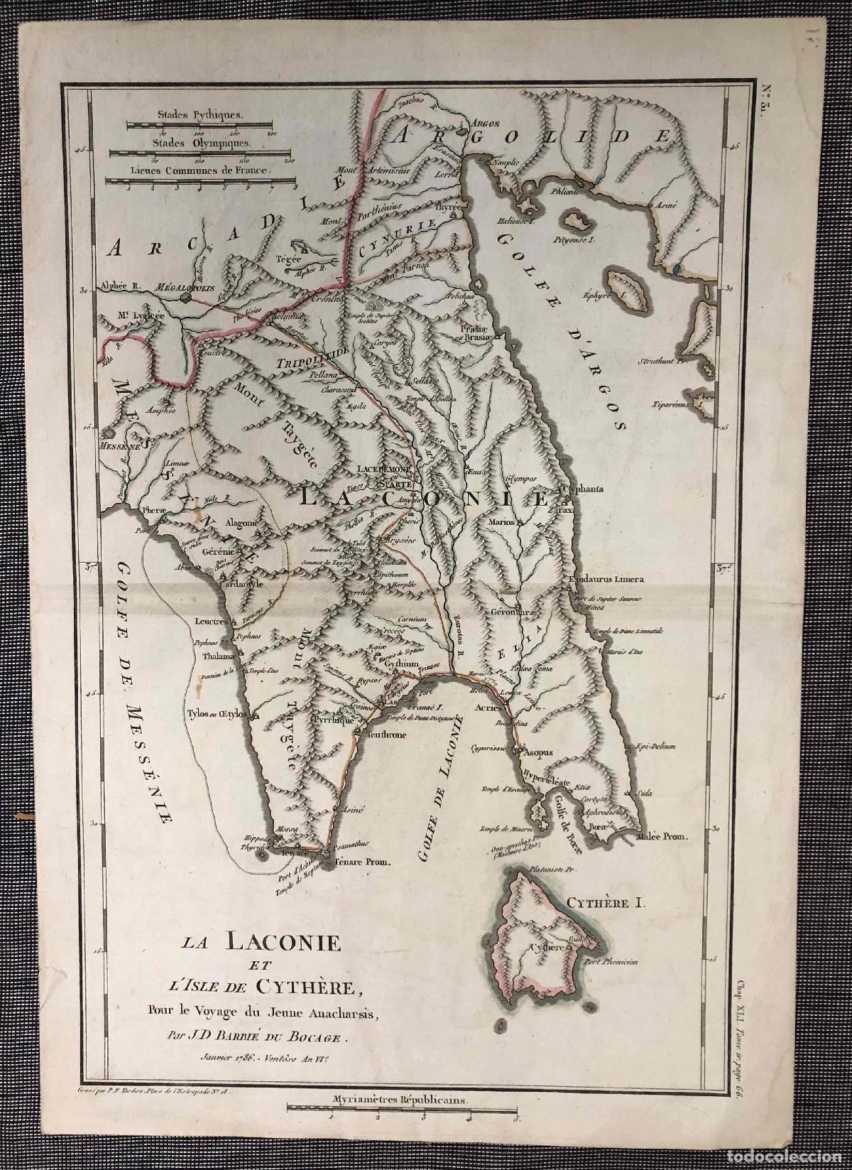 Arte: MAPA LA LACONIE ET L'ISLE DE CYTH&Egrave;RE POUR LE VOYAGE DU JEUNE ANACHARSIS PAR J.D. BARBIE DU BOCAGE